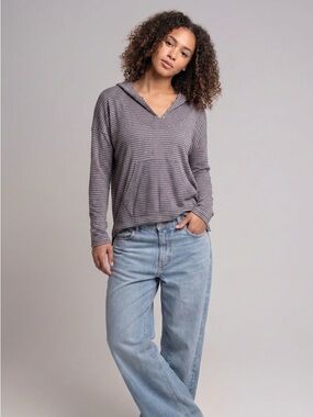 Roxy Striped V-Neck Hooded Top - Grey